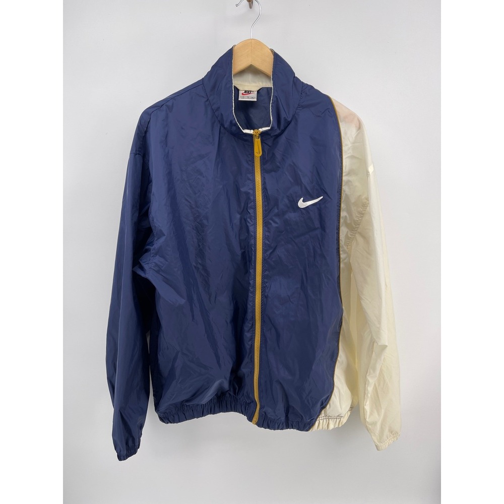 Vintage Nike Windbreaker Jacket XL Navy Blue Cream Gold Full Zip Swoosh Logo